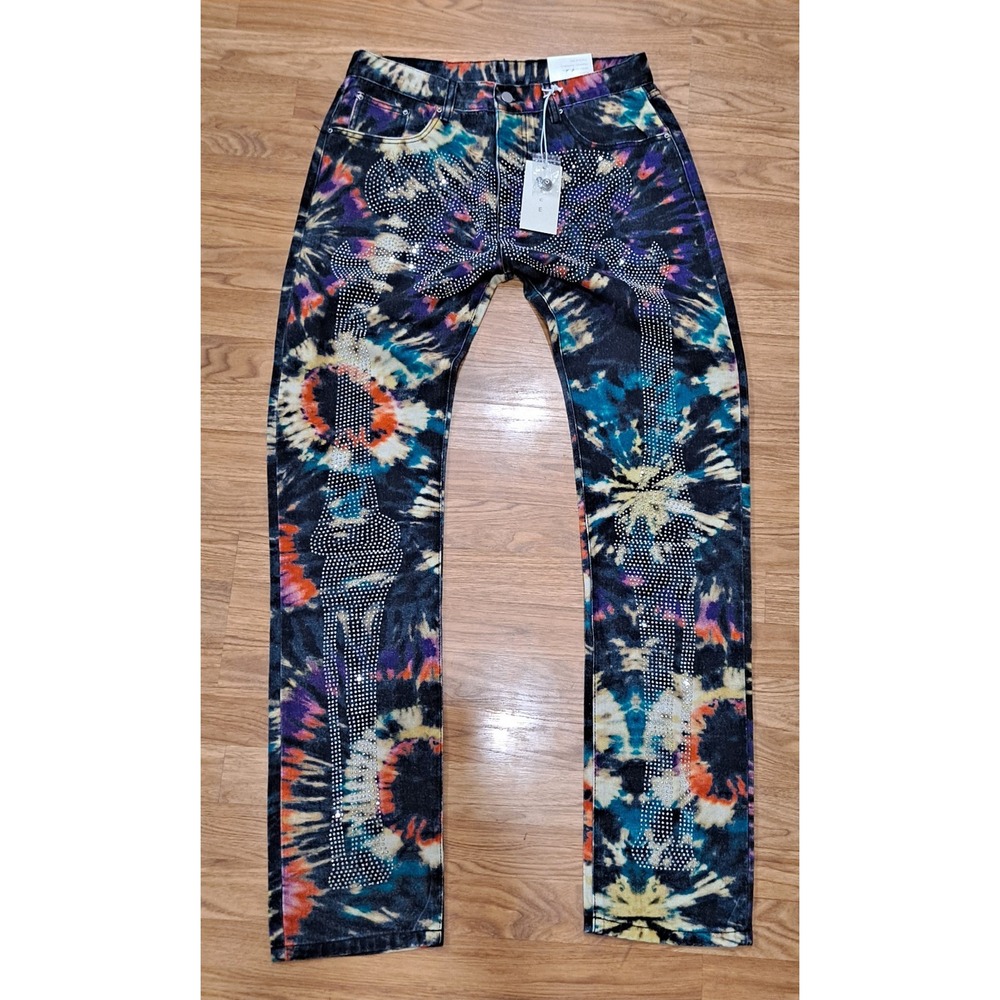 MNML Men's Size 34 Skeleton Sequins/Rhinestones Multicolored Denim Jeans NEW
